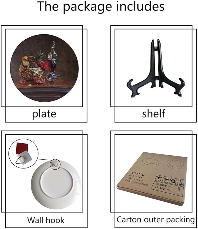WineDecorative Plate Holder, 10 Inch, Overturned Wine Glass And Pomegranate Round Display Plate, Table Top Plate Decor with Stand, for Kitchen Living Room Office Countertop Decor