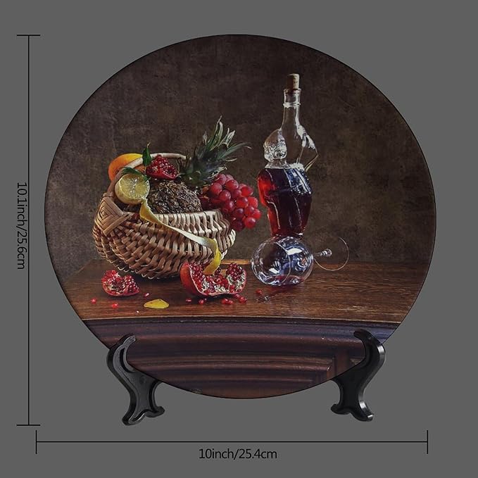 WineDecorative Plate Holder, 10 Inch, Overturned Wine Glass And Pomegranate Round Display Plate, Table Top Plate Decor with Stand, for Kitchen Living Room Office Countertop Decor