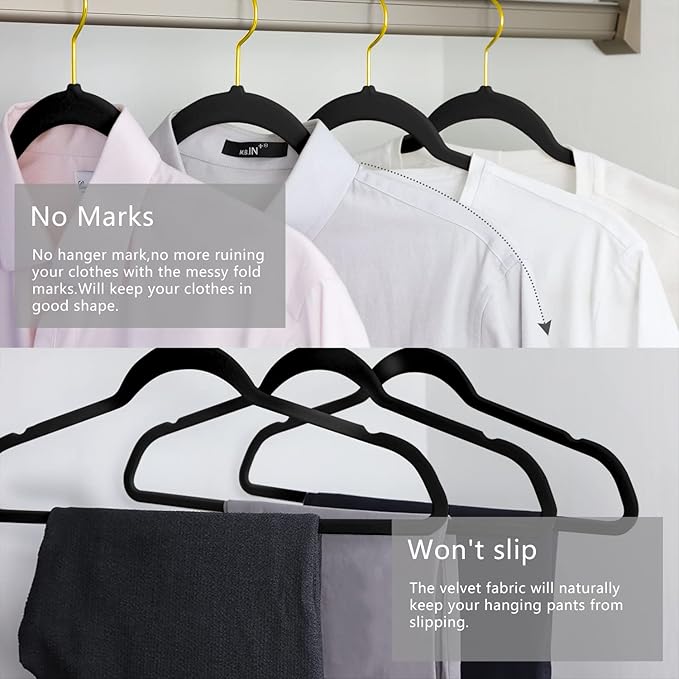 MIZGI Premium Velvet Hangers Pack 30 Pcs Heavyduty - Non Slip Slimline - Velvet Suit Hangers Black - Gold Hooks,Space Saving Clothes Hangers
