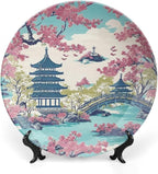 Chinoiserie Pagoda White Coral Blue Asian Plates Ceramic of 6", 7", 9", 10", Custom Ceramic Salad Plates, Home Art Decoration Decorations Wedding, Unique Art with Stand