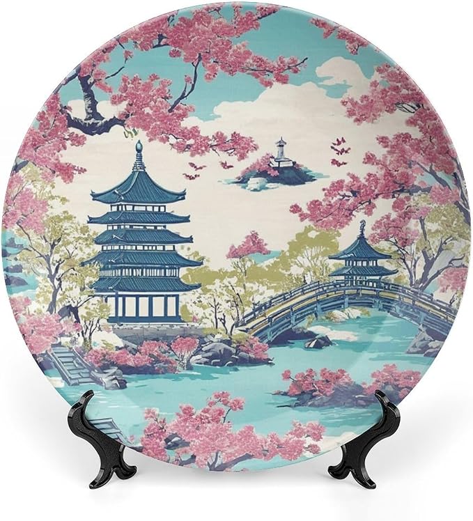 Chinoiserie Pagoda White Coral Blue Asian Plates Ceramic of 6", 7", 9", 10", Custom Ceramic Salad Plates, Home Art Decoration Decorations Wedding, Unique Art with Stand