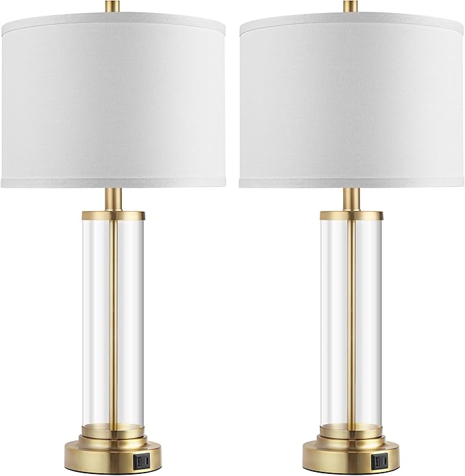 QiMH Lamps for Bedrooms Set of 2, Touch Control Table Lamps with USB A+C Ports, 3-Way Dimmable Bedside Lamp with Fabric Lampshade, Modern Nightstand Lamp for Living Room Bedroom (LED Bulbs Included)