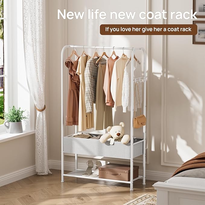 Clothes Garment Coat Rack Drying Clothing Racks Metal Freestanding for Hanging Clothes Portable Closet for Laundry Bedroom White