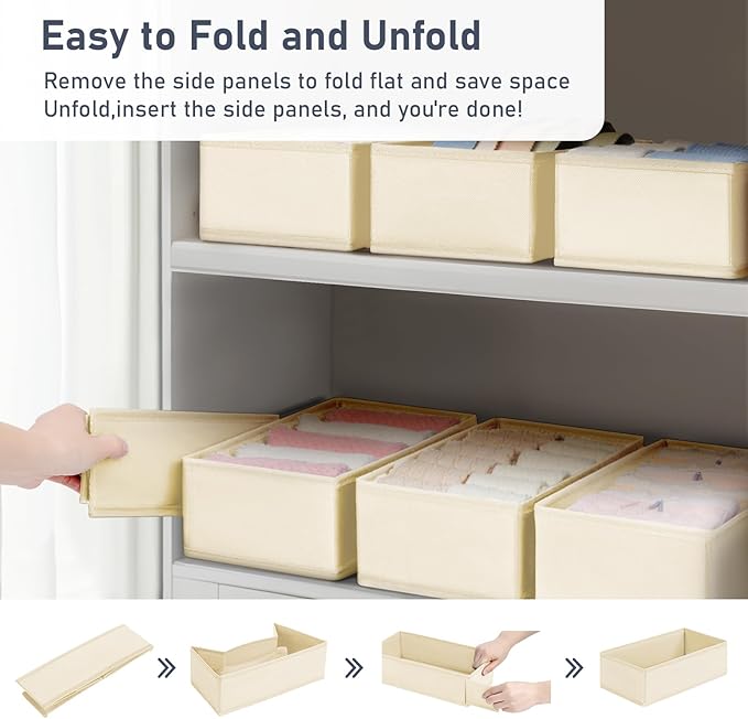 DIMJ Drawer Organizer Clothes - Underwear Organizer Small Sock Organizer Closet Organizers and Storage Box Dresser Drawer Dividers for Baby Clothes,Bra,Socks, Belt, Tie, Set of 6,Beige