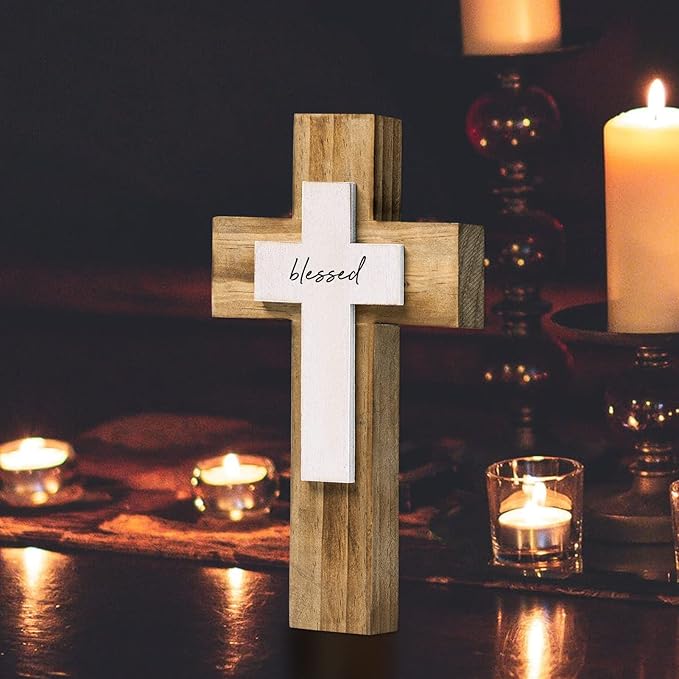 OKSQW Wall Wooden Cross Christians Crosses Spiritual Religious Cross With Hook Christmas Wall Hanging Handmade Nature Wood Color with Blessed Design for Church Home Room Decor Wood Crucifix Gift