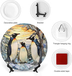 Penguins Family Snowy Forest Stained Glass Painting Decorative Plates Home Decor Ceramic Plates, Dinner Plates Display for Kitchen, Hallway Console Side Table, Presents for Penguin Lovers, 10 Inch