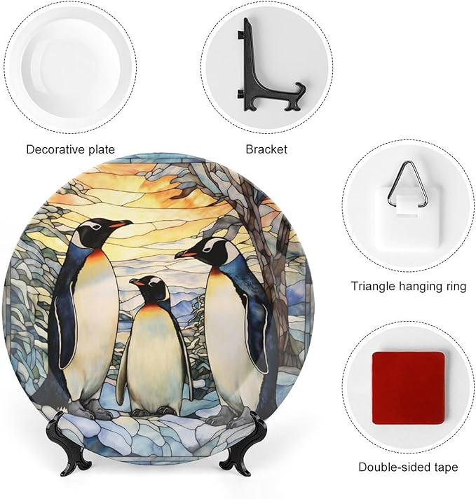 Decorative Plates, Penguins Family Snowy Forest Stained Glass Painting Ceramic Dinner Plate w/Display Stand, Wall Hanging Decor for Kitchen Household 6 Inch, Gifts for Penguin Lovers