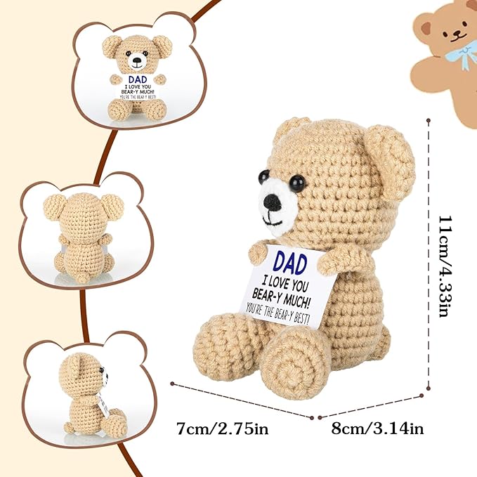 WELLBANEE Mini Bear Gifts for Dad Father from Daughter Son, Birthday Gifts for New Step Bonus Dad, I Love You Handmade Emotional Crochet Bear