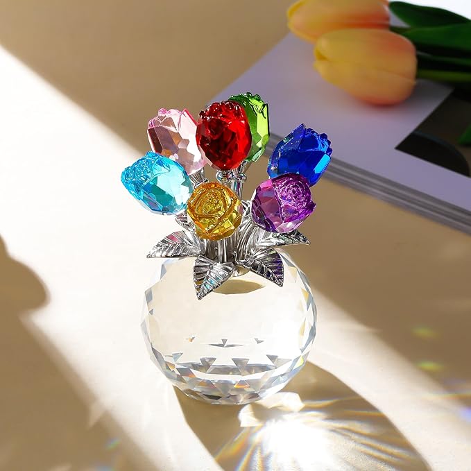 Arikyrist Crystal Colorful Rose Bouquet Figurine with Round Vase, Glass Rose Flower Romantic Gifts for Her Mom on Birthday, Collectible Decoration Table Centerpiece for Home