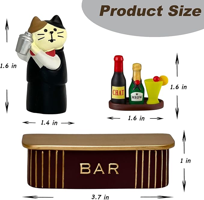 Funny Miniature Cat Bartender Figurines with Cocktail Bar for Office Desk Accessories, Unique Cat Gift for Cat Lovers (Bar Set)