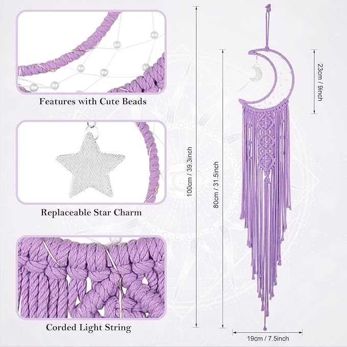 Boho Macrame Woven Wall Hanging for Girl, Crochet Crescent Moon Star Dream Catcher with Light, Purple Cotton Handmade Bohemian Home Decor Decoration for Kids Nursery Bedroom Dorm Room
