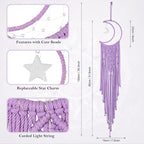 Boho Macrame Woven Wall Hanging for Girl, Crochet Crescent Moon Star Dream Catcher with Light, Purple Cotton Handmade Bohemian Home Decor Decoration for Kids Nursery Bedroom Dorm Room