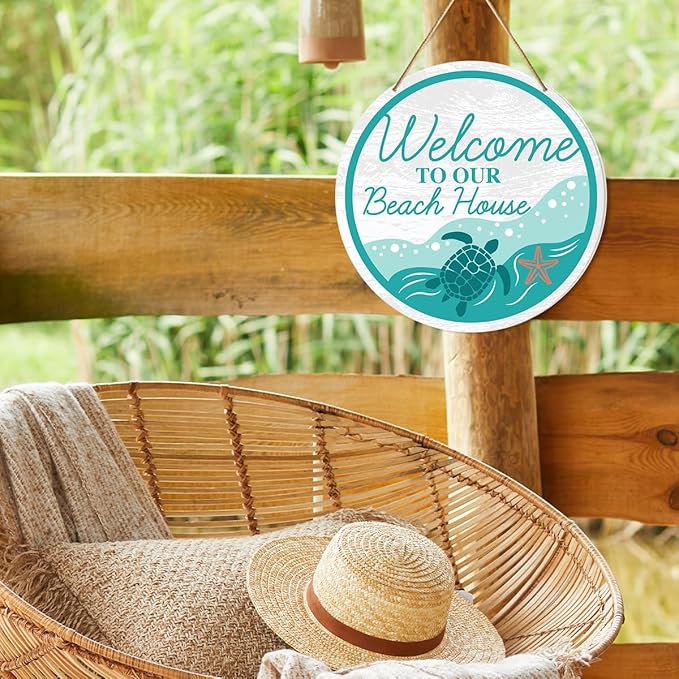 Beach House Welcome Sign Decor, Summer Beach Hanging Sign Decor Farmhouse Wall Decorations Wood Sign for Front Door, Patio, Porch, Housewarming Gift for Beach House Home, Welcome to Our Beach House