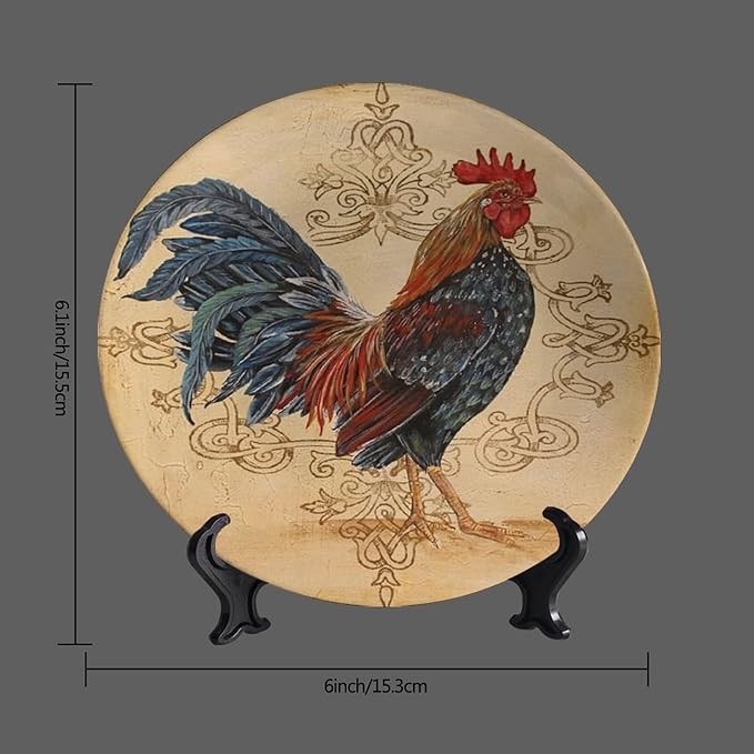 Rooster Decorative Ceramic Plates, 6 Inch, Rooster On A Khaki Background Round Display Plate, Table Top Plate Decor with Stand, Ceramic Craft for Wall Hanging Decorative