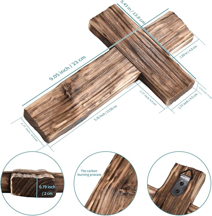 Christian Wood Cross Wall Decor - Minimally Primitive Wood with Textured Style Wooden Wall Hanging Cross Farmhouse Vintage Retro Home Decer (Minimalist Style)