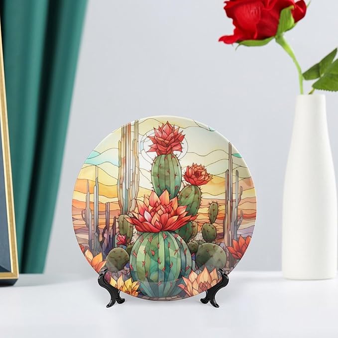 Cactus & Colorful Sky Stained Glass Design Decorative Plates Home Decor Ceramic Plates, Dinner Plates Display for Living Room, Kitchen, Hallway Console Side Table, Presents for Cactus Lover, 7 Inch