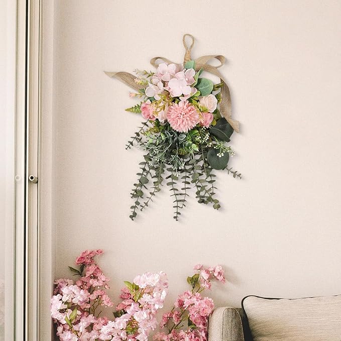 Artificial Eucalyptus Wreath Fake Floral Swag Front Door Teardrop Wreath Front Door Hanging Garland for Festival Holiday Home Party Supplies - Pink