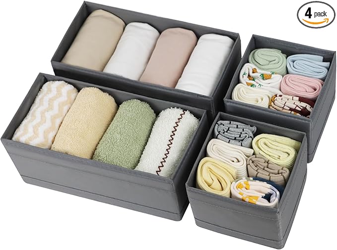 Washable Cloth Drawer Organizer, Set of 4 Foldable Sock Dresser Drawer Organizers Storage Boxes, Fabric Storage Boxes Closet Cabinet Organizer for Clothes (Gray, 2M+2S)