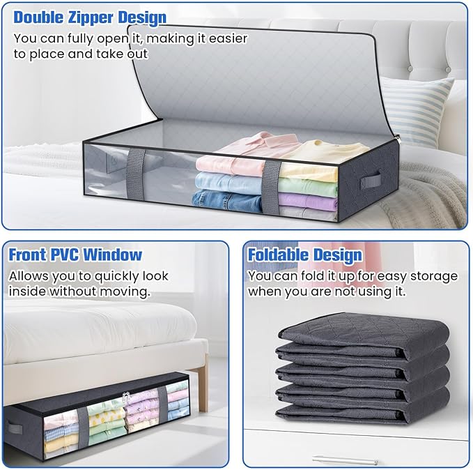 Under Bed Storage Containers, 8 Pack Blanket Storage Bags, Collapsible Storage Bags with Big Zippers, Clear Front, Shoe Storage and Organization for Clothes, Comforter, 75L, Grey