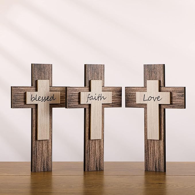 Yalikop 3 Pieces Wooden Cross Wall Decor Christians Cross Sign Faith Love Blessed Wooden Decoration Rustic Vintage Wall Art Religious Hanging Sign Inspirational Farmhouse Home Hanging Decor
