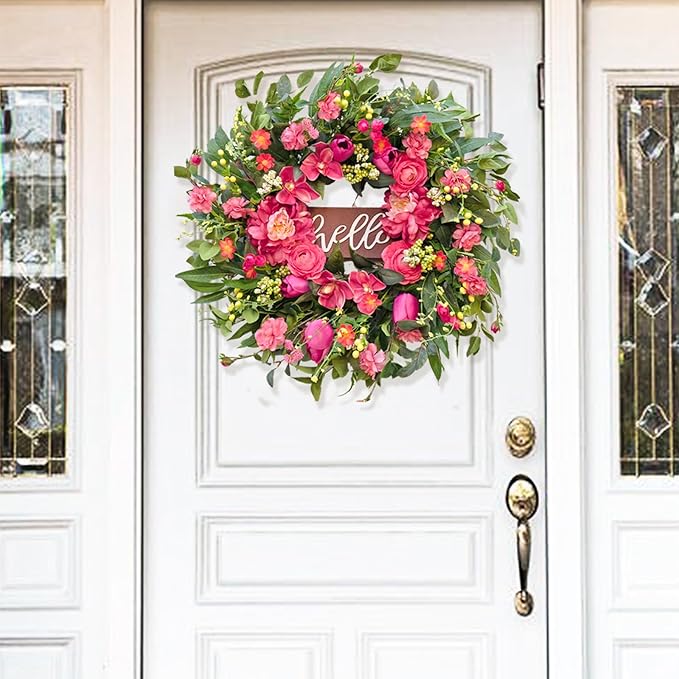 Spring Wreaths for Front Door 24 Inch with Hello Sign,Artificial Summer Wreath with Pink Peony and Orchid,Indoor and Outdoor Wreath for Farmhouse Wall Home Porch Decor