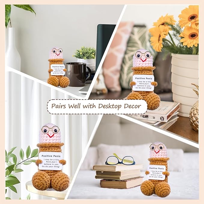 Handmade Crochet Emotional Support Plush with Inspirational Card, Funny Gifts for Friends, Family, and Coworkers, Office and Home Decoration(Brown P-2Pcs)