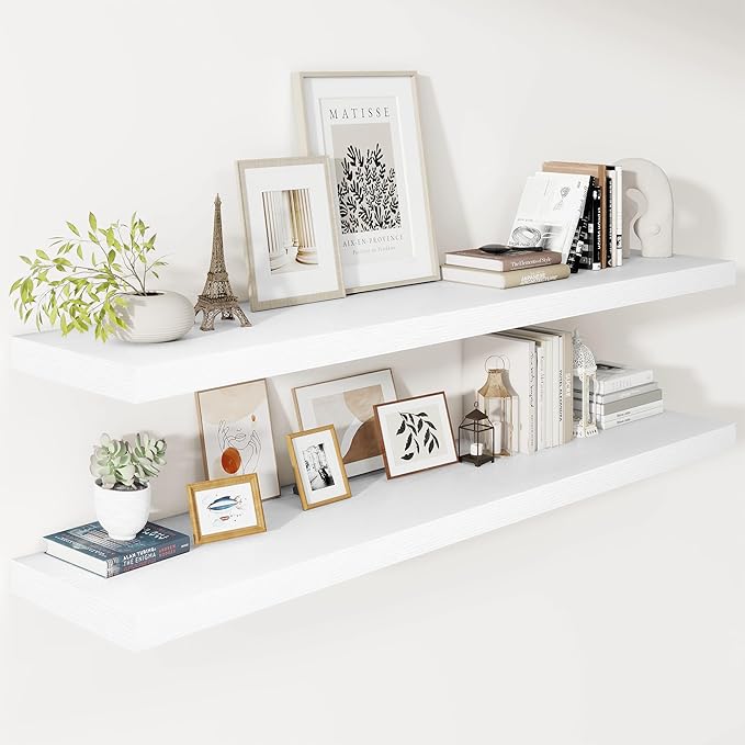Vivelove 24/36/48/55 Inch Floating Shelves for Wall, 12 Deep Shelves for Room Wall Mounted, 2" Thick Floating Shelf for Living Room Bedroom Bathroom Kitchen Laundry Room, Set of 2 White