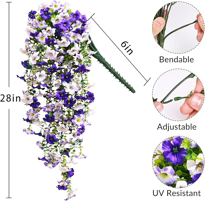 Waipfaru Artificial Petunias Flowers for Outdoors, 4 Pcs UV Resistant Fake Hanging Plants Spring Outside Decor, Faux Silk Flowers Long Trailing Vines for Outdoor Planters Porch Garden (Purple White)
