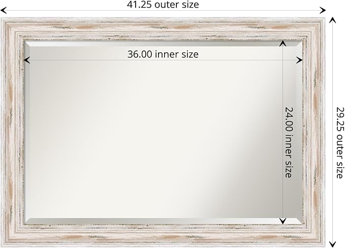 Amanti Art White Wall Mirror 29x41 Alexandria White Wash Rectangle Bathroom Mirror for Wall Decor Living Room, Large Cottage Wood Frame, Hangs Horizonally and Vertically, Bathroom Decor, Beveled Edge