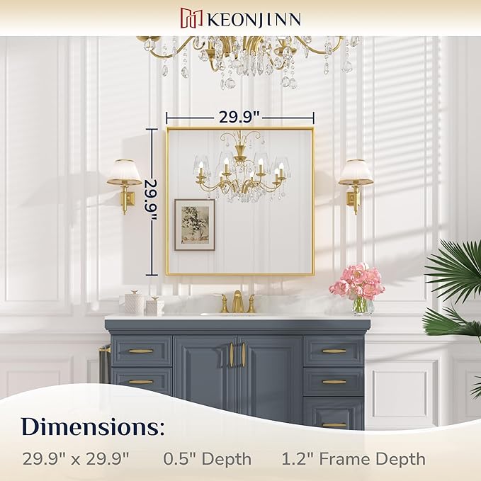 Keonjinn 30 x 30 Inch Gold Bathroom Mirror for Over Sink Square Wall Mirror Brushed Gold Metal Framed Mirrors, Modern Farmhouse Rectangle Mirrors with Aluminum Alloy Frame(Horizontal/Vertical)