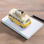 Vintage Camper Van Coin Bank with Photo Holder, Retro Hippie Van Decor with Tropical Flower Decals, Coastal Shelf Decoration, Yellow