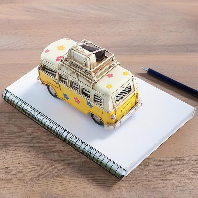 Vintage Camper Van Coin Bank with Photo Holder, Retro Hippie Van Decor with Tropical Flower Decals, Coastal Shelf Decoration, Yellow