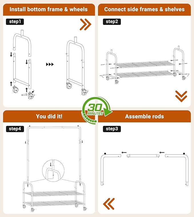 AOODA Heavy Duty Clothes Rack with Shelves, 46.5'' Metal Rolling Clothing Racks for Hanging Clothes, Wardrobe Garment Rack with Lockable Wheels for Coats, Shirts, Shoe Boxes (White)