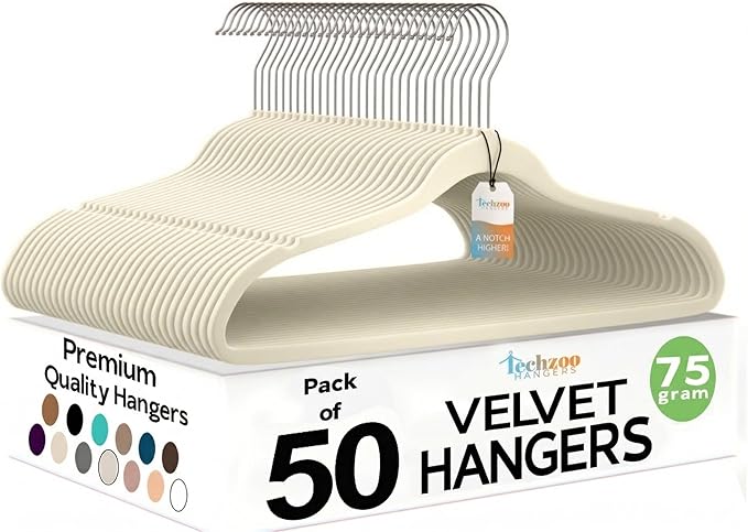 50 Pack New Premium Quality Velvet Hangers Ultra Thin Non Slip Adult Felt Space Saving Hangers for Closet Heavy Duty Coat Pants Jackets Dress Hangers 360° Swivel Hook Hold Upto 10 lbs Ivory