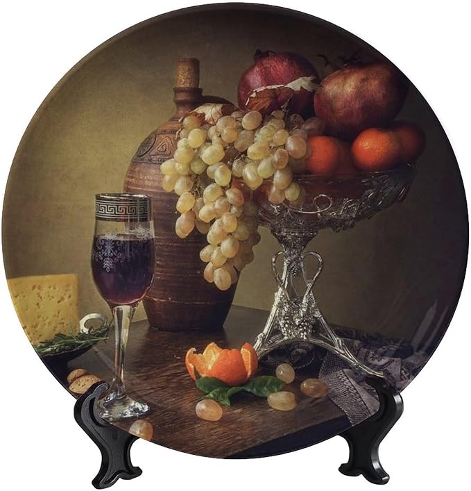 Decorative Plate Stand, 6 Inch, Cheese Grape Pomegranate Orange Garnish Round Display Plate, Hanging Decorative Plate with Display Stand, for Home Kitchen Bedroom Decorative Ornaments