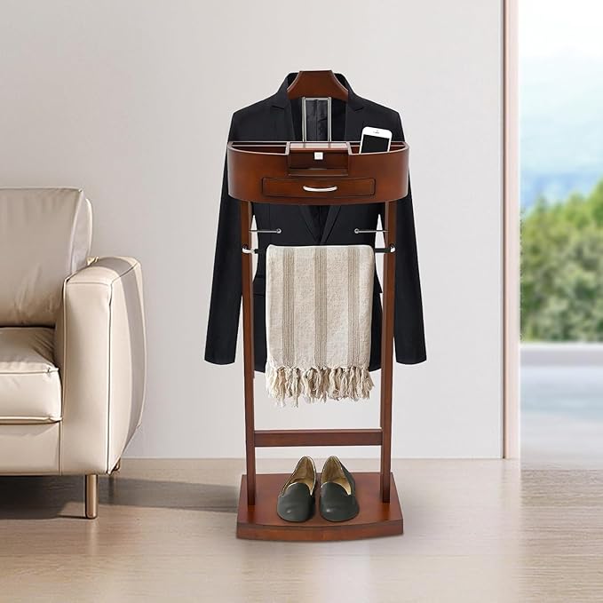 Wooden Suit Rack with Drawer, Valet Stand for Men & Women, Freestanding Clothing Valet Organizer with Wooden Shelf and Charging Port, Solid Birch & Iron Bronze, Holds 22 lbs, for Bedroom Office