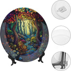 Stained Glass Theme Decorative Ceramic Plate Round Porcelain Plate,6 inch,Sunrise Forest Stream Pattern,for Decorative Ornaments Giving Plates, 1 Plate with 1 Display Stand,Multicolor