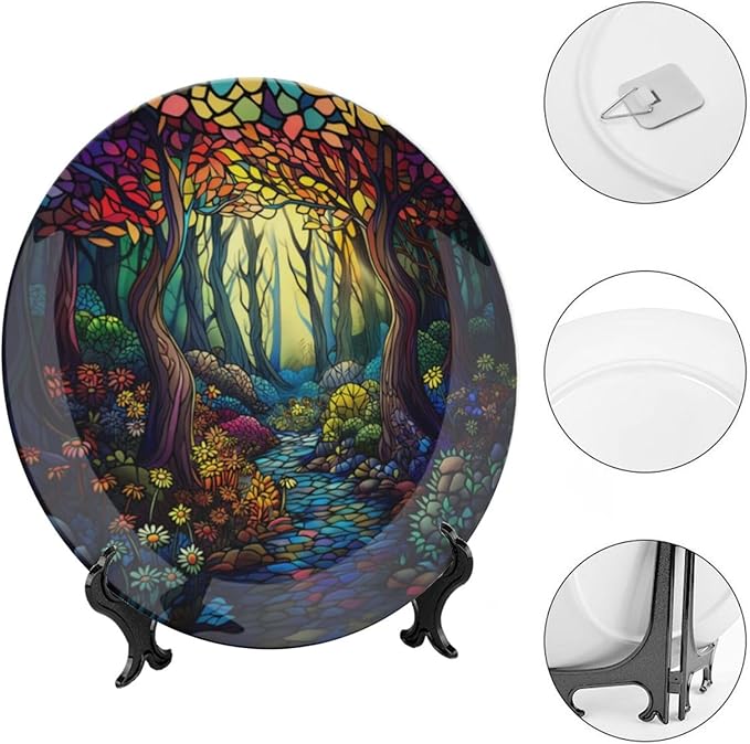 Stained Glass Theme Decorative Ceramic Plate Round Porcelain Plate,6 inch,Sunrise Forest Stream Pattern,for Decorative Ornaments Giving Plates, 1 Plate with 1 Display Stand,Multicolor
