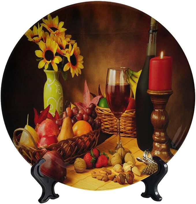 Decorative Ceramic Plates, 10 Inch, Fruit and Nut Decorated Red Wine Round Display Plate, Handmade Ceramic Ornament, Ceramic Craft for Wall Hanging Decorative
