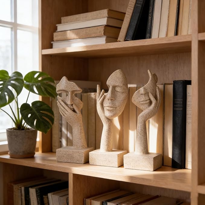 olirum 3 Pcs Thinker Large Statue Set - Resin Sandstone Art Abstract Home Accent Figurines for Living Room, Bedroom, Shelves, Office Desktop, Coffee Table Decor, Gift for Women (3 Pcs Sandstone, 9")