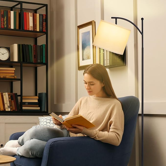 Ambimall 60" Floor Lamp with 3 Color Temperatures, Adjustable White Shade, Black Pole - Tall Lamp for Living Room, Bedroom, Office, Classroom, Dorm - 9W Bulb Included