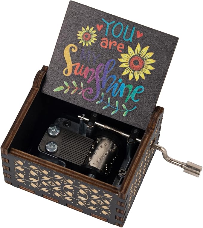 AUEAR, You are My Sunshine Wooden Music Box Hand Crank Laser Engraved Vintage Musical Small Unique Gift for Birthday Wedding Christmas Valentines Day (Style B)