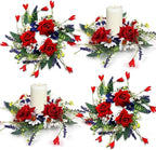 4 PCS Mini Patriotic American Cabinet Wreaths Small Red White and Blue Floral Wreath for Front Door with Ribbon Roses Daisy Forsythia July Independence Day Hanging Wreath for Porch Wall Window Decor