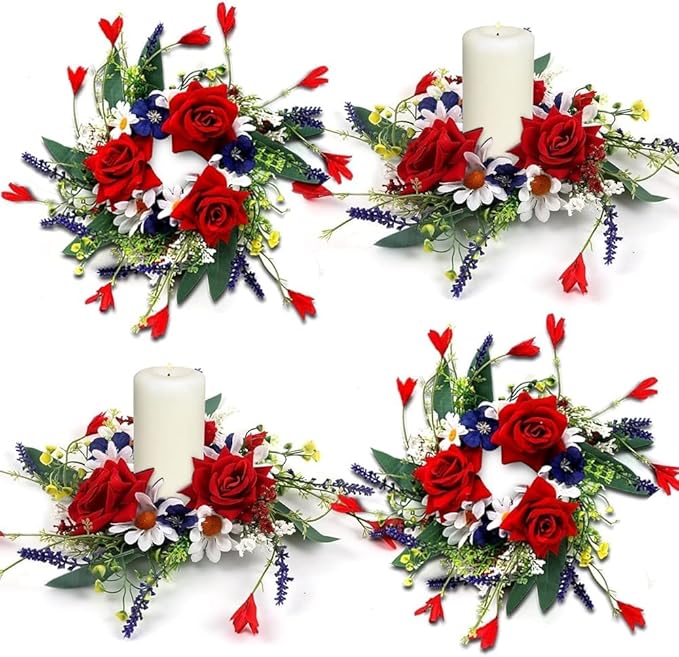 4 PCS Mini Patriotic American Cabinet Wreaths Small Red White and Blue Floral Wreath for Front Door with Ribbon Roses Daisy Forsythia July Independence Day Hanging Wreath for Porch Wall Window Decor