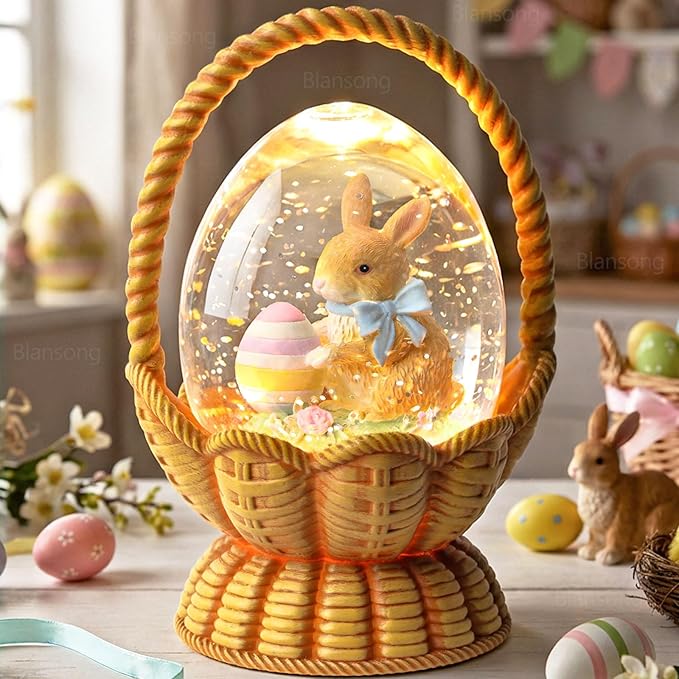 Easter Snow Globe Basket Easter Bunny Eggs Decorations Gifts Auto Snowfall Glitter Music Collection with 6H Timer USB/Battery Powered 6.4 Inch