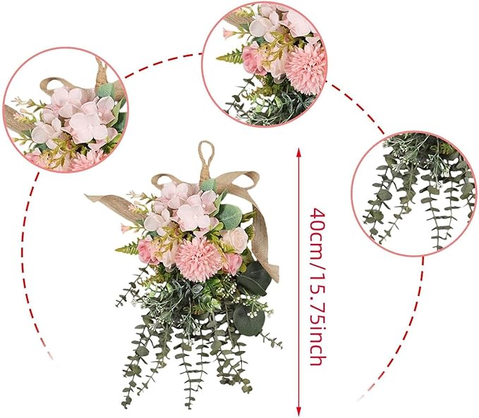 Artificial Eucalyptus Wreath Fake Floral Swag Front Door Teardrop Wreath Front Door Hanging Garland for Festival Holiday Home Party Supplies - Pink