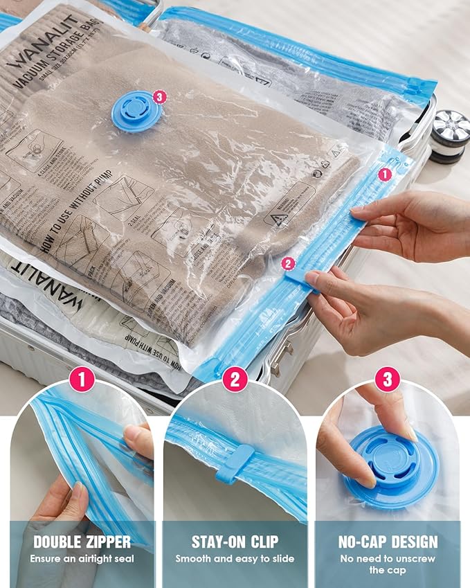 Travel Vacuum Storage Bags with Hand Pump, 8 Pack (4S+4XS) Vacuum Seal Bag Travel Essentials Space Saving Bags for Clothes, Luggage, Carry-on Suitcase, Backpack, Holiday Business Trip