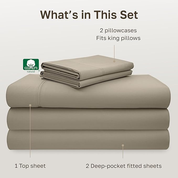 California Design Den Split King Sheet Set - 100% Cotton, 600 Thread Count, Breathable Luxury King Size Sheets for Adjustable Bed, Luxury Hotel-Quality Sheets with Soft Sateen Weave (Cool Taupe)