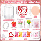 Sotiff 12 Sets Mother's Day Craft Bulk DIY Snow Globe Gift with Mini Resin Heart Bear Vase with Flower Figurines Gift Box 3D Love Heart Love You Mom Wooden Sign for Mom Birthday Classroom Activity