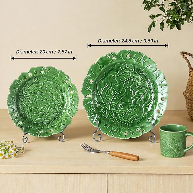 KAMMAK Ceramic Decorative Plate Set of 2, Porcelain Plates for Kitchen Dining Room Wine Cabinet Home Decor, Vintage Collector Plates with 2 Display Stand, Green Leaves (8-inch + 10-inch)